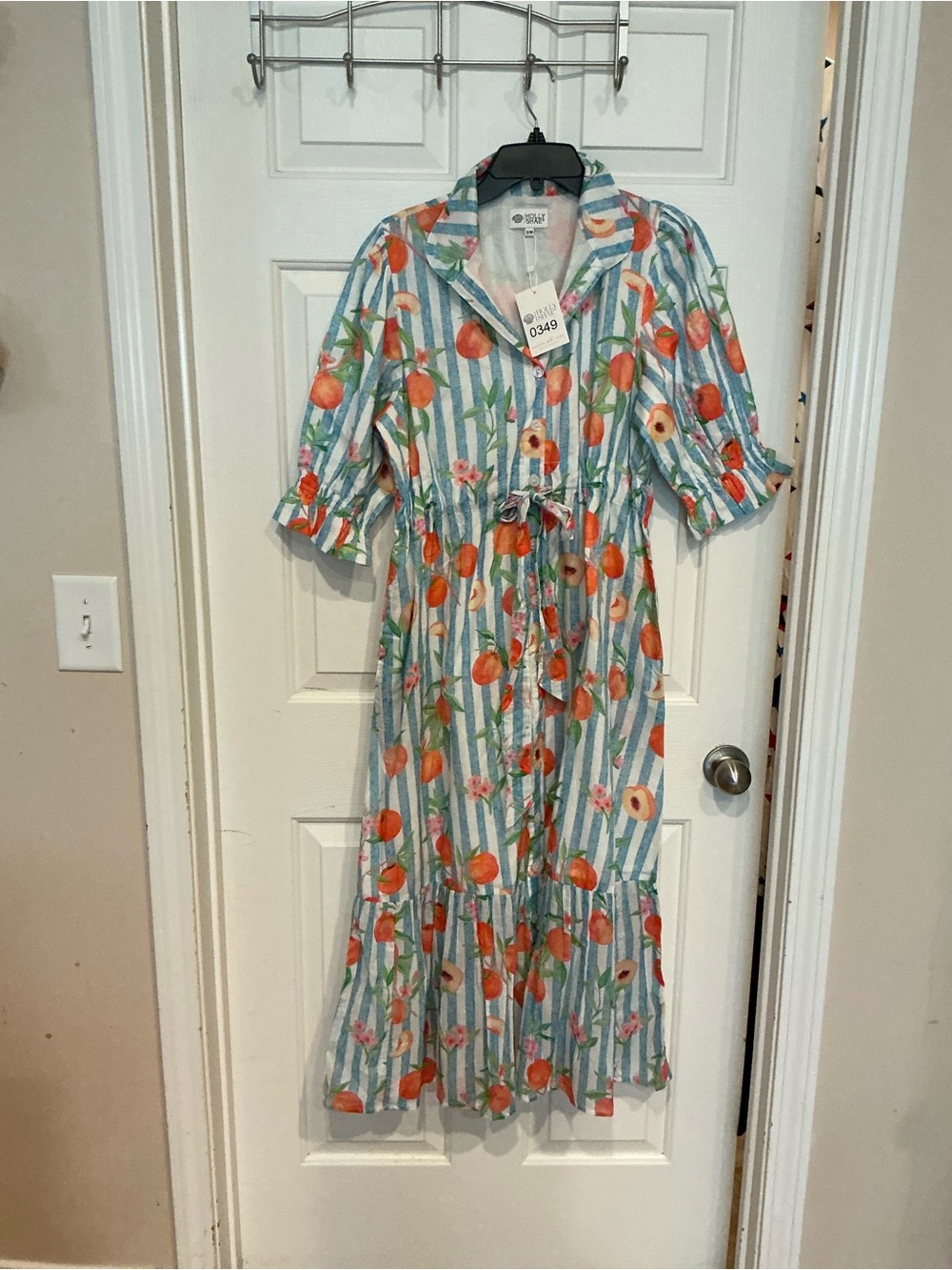 Button-Front Maxi Dress with Orange Floral Stripe Print